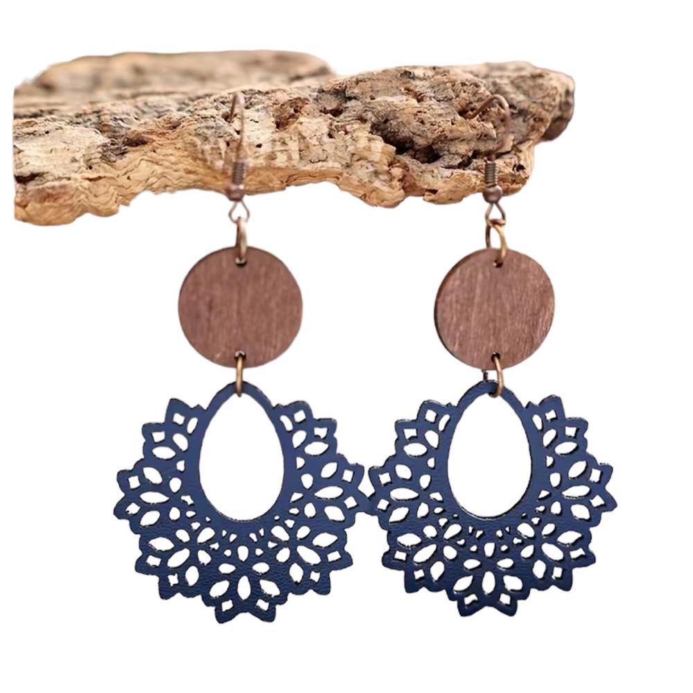 Boho Navy Blue and Brown Leather and Wood Drop Style Earrings - Picture 2 of 4